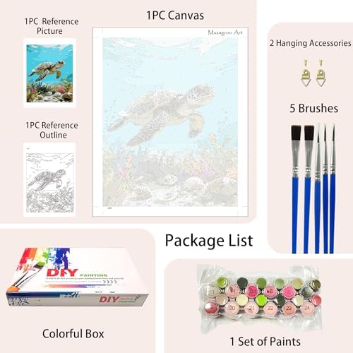 Muzagroo Paint by Numbers Oil Painting Kits for Adults DIY Sea Turtle Oil Painting for Beginners Hand Crafts Kits with Brushes and Acrylic Paints 16x20 inches (Sea Turtle)