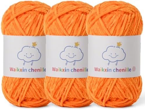 Skinny Chenille Yarn for Crocheting, 3 Pack of 1.76 oz/98.4 yds Amigurumi Yarn&Baby Yarn for Crocheting Soft, Fluffy Fingering Weight Velvet Yarn for DIY Crafts&Baby Blankets.(3 Orange)
