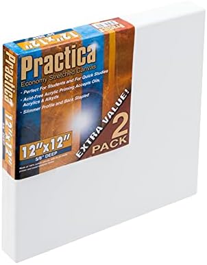 Practica Economy Stretched Cotton Canvas - Acid-Free Acrylic Primed Canvas for Acrylics, Pastels, Graphite, & More! - [2-Pack - 12x12]