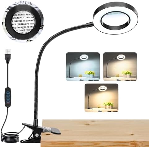 10X Magnifying Glass with Light and Stand,Hands Free Clip on Magnifier Lamp