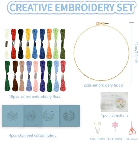 FREEBLOSS 4 Sets Embroidery Kit for Beginners Needlepoint Birds&Wreath Stamped Embroidery Starter Kit with Instructions, Needles, Threads, 2 Hoops 11.6"/29.5CM