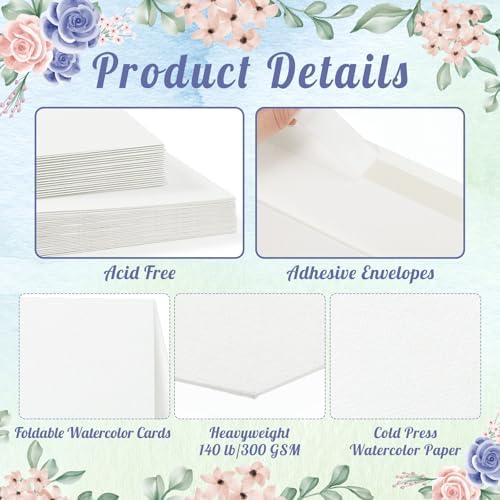 Prudiut 20 Sets Watercolor Cards with Envelopes, 5x7 In, 140 Lb Cold Press