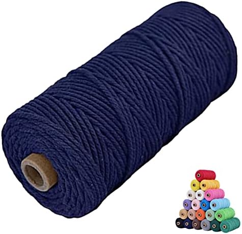 Macrame Cotton Cord 3mm x 109Yards, Dark Blue White Natural Macrame Rope, Perfect Macrame Supplies Cotton Cord for Macrame Plant Hangers DIY Crafts (Dark Blue, 3mm*109Yards)