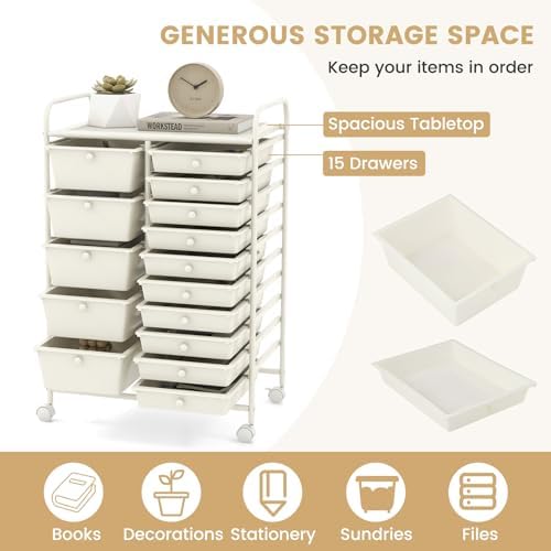 GOFLAME 15-Drawer Rolling Storage Cart, Craft Storage Cart with Removable Drawers & Lockable Wheels, Art Cart Supply Storage Organizer for Home Office Classroom, White
