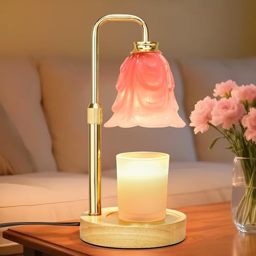 XJZJY Pink Glass Flower Candle Warmer Lamp with Timer, Home Decor Gifts | Dimmable wax melt warmer with 2 bulbs for jar candles, height adjustable, pink tulip design, home decor, housewarming gifts