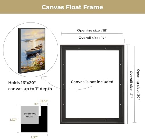 Venusmiles Canvas Frame 16x20 Frame for Canvas Painting Floating for 1" Deep, Floater for Canvas Artist Panel Oil Painting Wall Art Décor, Vertical or Horizontal Picture Wall Decor, Black