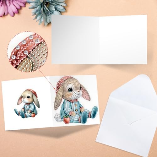 6pcs Diamond Art Painting Kit Greeting Card with Dress Bunny 5D DIY Diamond Handmade Holiday Greeting Card with Envelope, Holiday Gift Congratulation