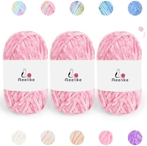 Aeelike 3 Pack Chenille Yarn,Soft Polyester,Each 100g/10.5oz 197yds,Pink