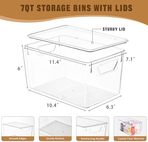 Freebat 6 Pack Clear Storage Bins with Lids, 7 Quart Pantry Organizer Bins