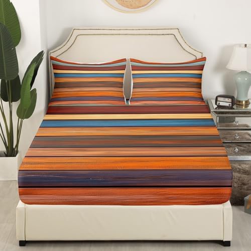 Retro Striped Bed Sheet Set Queen Size Oil Painting Stripes Mattress Cover Modern Simple Style Sheets for Boys Girls Bedroom Orange Brown with Flat,Fitted Sheet Pillowcase 4Pcs