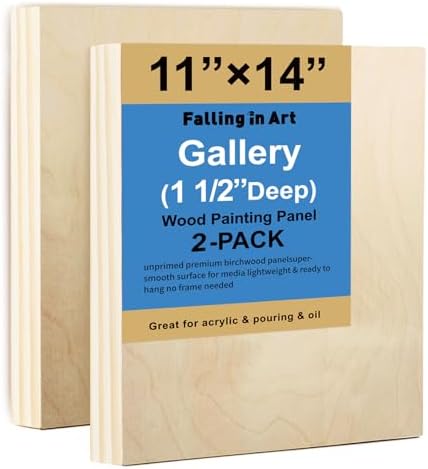 Falling in Art 2 Pack 11x14'' Unfinished Gallery Birch Wood Canvas Panels | 1 1/2" Deep Art Cradle Boards for Acrylic Painting, Pouring and Burning
