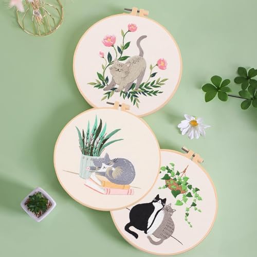 Ohcol 3 Sets Cat Embroidery Kit,Needlepoint Kits for Adults Beginner,Needle Point Sets with Washable Pre-Printed Pattern,1 Hoop,Women Hand Crafts
