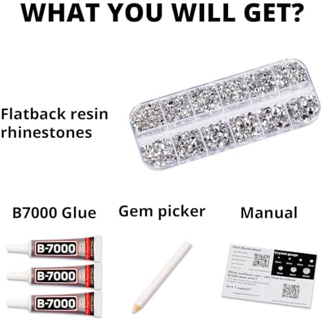 6500Pcs Silver Clear Rhinestones for Bedazzling, Bedazzler Kit with Flatback Craft Rhinestones Bulk and B7000 Glue, 2,3,4,5,6mm Resin Flat Back Crystals for Craftings, Crafts, Clothes, Shoes, Nails