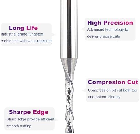 SpeTool Spiral Router Bits Up&Down Compression Bit 1/8 inch Cutting Diameter, 1/4 inch Shank HRC55 Solid Carbide CNC End Mill for Wood Carving Engraving Grinding