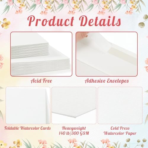20 Sets Watercolor Cards with Envelopes, 4x6 Folded, 140Lb Cold Press