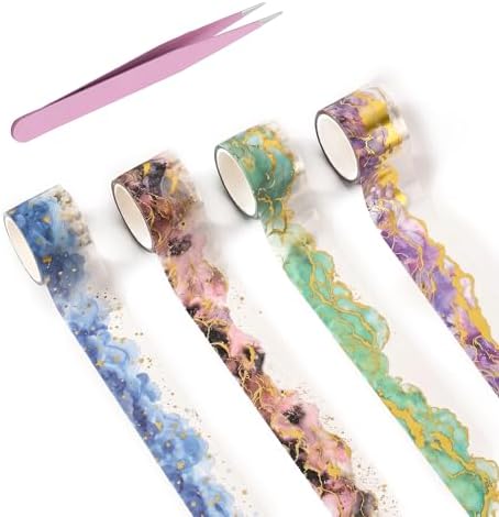 4 Rolls Gradient Watercolor PET Tape Stickers for Journaling Gold Foil Aesthetic Scrapbooking Supplies with Pink Tweezers Clear Junk Journal Accessories Decorative Craft Set