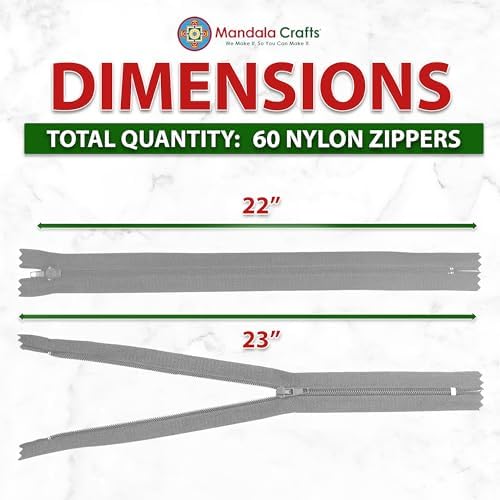Mandala Crafts 60 PCs Gray Closed-End 22 Inches Nylon Zippers for Sewing