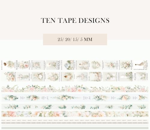 Bible Journaling Washi Tape Set for Women – 10 Rolls Floral Faith Theme Washi Tape with Scripture Verse & Christian Words, Decorative Tape for Planner, Prayer Journal Supplies (10)