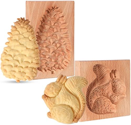 Meanplan Carved Wooden Cookie Mold, Baking Embossing Cookies Stamp Mold Cutter Funny 3D Heart Wood Rose Dessert Tools for Christmas Kitchen DIY Baking Tools(Squirrel, Pine Cone)