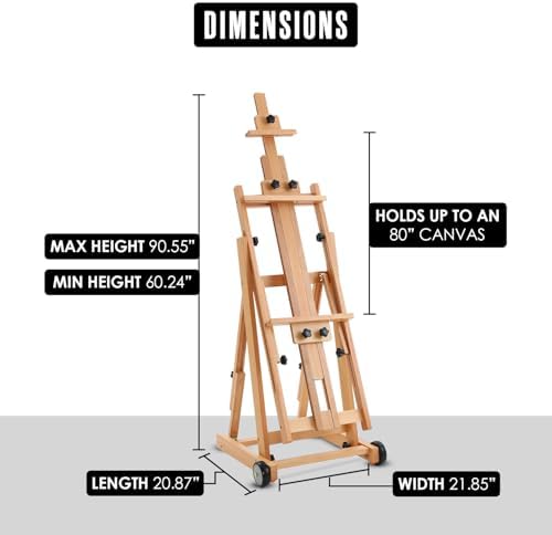 Easel for Painting, H Frame Easel, Painting Stand, Studio, Fits 80” Canvas | Houseables for Large Canvas, Floor Standing, Adjustable, Tilt Flat, Rolling Wheels, Wood, Adults, Painters, Arts & Crafts