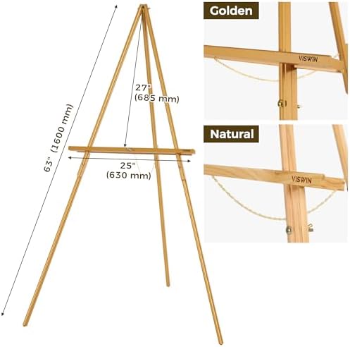 VISWIN Upgraded 63" Gold Wooden Easel Stand for Sign, Tripod Easel for Wedding Sign Stand, Welcome Board, Poster, Picture, Canvas Art Easel Floor with Tray for Display & Painting
