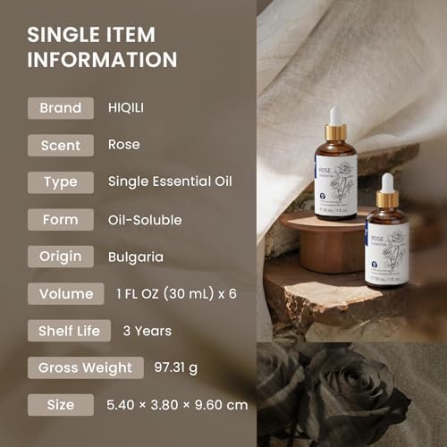 HIQILI Rose Fragrance Oil Set, 6-Pack for Skin, Diffuser & DIY Use