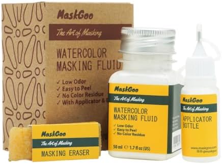 Watercolor Masking Fluid Set with Low Odor Formula, 50ml (1.7 fl oz), Applicator & Eraser