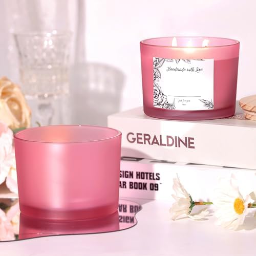 6 Pack Glass Candle Jars with Lids (16oz, Frosted Pink) - Large Candle Jars for 3 Wick Candles Making - Empty Candle Jars Containers - Candle Making Accessories Include 16Pcs Candle Labels