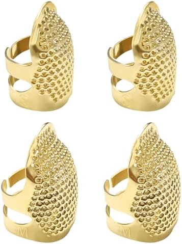 ZESION 4Pcs Sewing Thimbles, Adjustable Metal Thimbles for Hand Sewing Finger Protector, Quilting Craft Accessories for Knitting Needlework DIY Tools, Gold(2 Sizes, S/M)