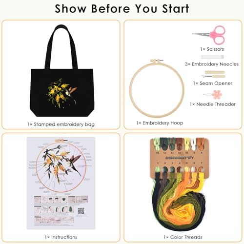 ERKOON Embroidery Canvas Tote Bag for Beginners, Floral Arts Crafts Cross Stitch Kits for Adults Including Stamped Embroidery Bag with Hoops, Needle, Instruction and Color Threads (Hummingbird)