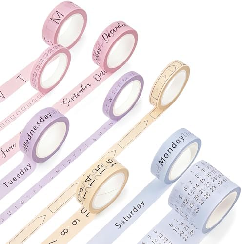 Chuangdi 9 Rolls Calendar Washi Tape Set,Pink, Purple, Yellow, Blue | Vintage Day Week Month Date Number Calendar Washi for Journaling, Planner Decoration, Journal Labels, Arts Crafts