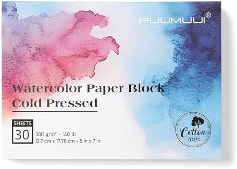 Watercolor Paper Block 5x7 Inch, Fuumuui 100% Cotton Watercolor Paper Pad of 30 Sheets, 140lb/300gsm, Acid-Free Cold Pressed Art Paper for Painting, Drawing, Art Journaling, Wet, Mixed Media