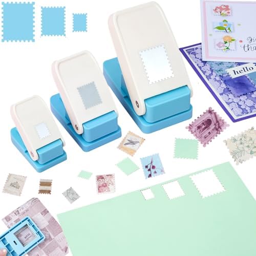 3Pcs Stamp Punch, Rectangle Postage Stamp Shape Punch, 1.5X1.25inch, 1X0.8inch, 0.66X0.53 inch Stamp Puncher, Lever Craft Hole Cutter Paper Punches for Crafting DIY Scrapbooking Card Making Journaling