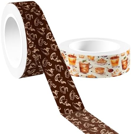 12 Pcs Coffee Washi Tape Coffee Masking Tape Decorations Vintage Watercolor Brown Cafe Decorative Paper Sticker for Vintage Journals, Planners, DIY Craft Gift Wrapping Handbook Stickers