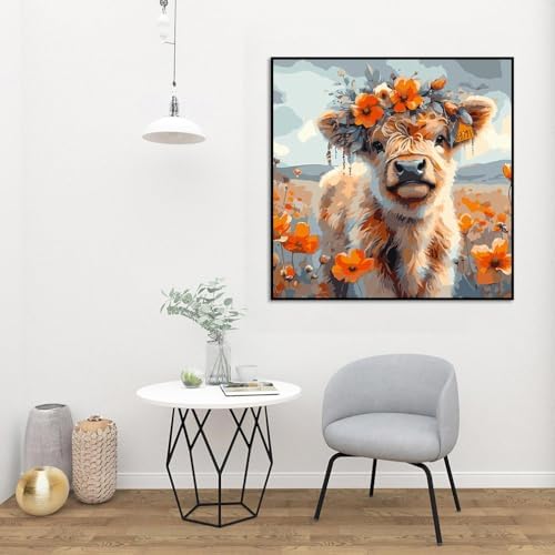 AALBLAC Cow Paint by Numbers for Adults - Highland Cow Flower Paint by Numbers for Adults Beginners, Acrylic Simple Paint by Number Canvas for Gift Home Decoration (16x16 Inch)