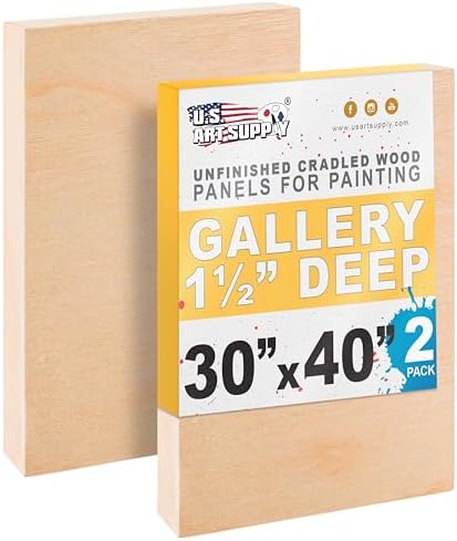 U.S. Art Supply 30" x 40" Unfinished Cradled Wood Panels for Painting | Gallery 1-1/2" Deep (2 Pack) - Artist Depth Wooden Wall Canvases - Mixed-Media Craft, Acrylic, Oil, Encaustic, Paint Pouring