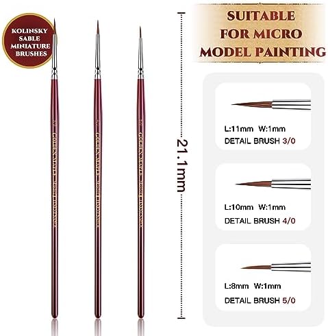 Kolinsky Sable Miniature Paint Brushes - Golden Maple Professional Ultra Fine Point Brush for Miniature, Model Painting & Watercolor Details - Size 3/0 4/0 5/0