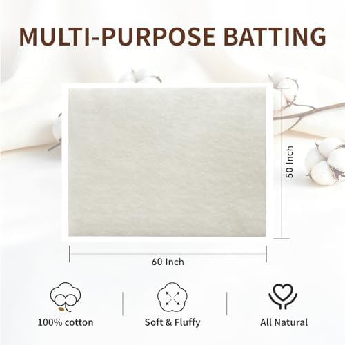 100% Natural Cotton Batting for Quilting 50-Inch x 60-Inch