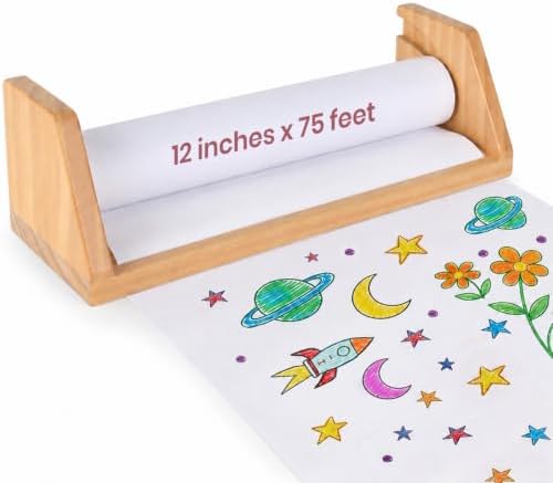 Wooden Kids Paper Roll Dispenser with 12" x 75 ft Art Paper Roll – Tabletop Easel for Drawing, Painting & Crafts – Smooth Easy-Pull Holder for Creative Play – 7 Days of Play