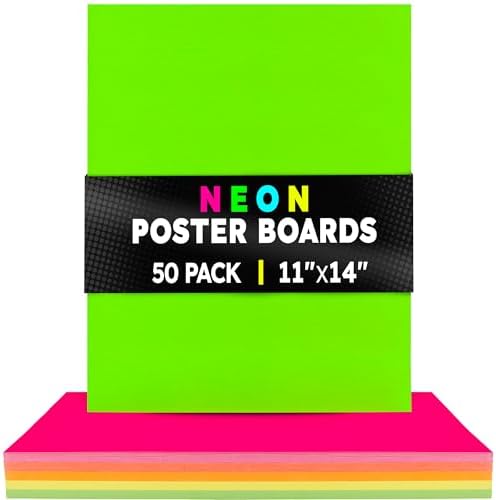 Hygloss Medium Poster Board 11x14 - 50 Assorted Neon Color Bulk Pack - 10 Pt. Thickness Colored Poster Board Paper for Projects, Signs, Displays - Posterboard Multipack 11" x 14"