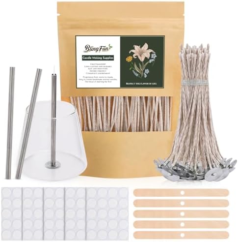 200pcs Natural Candle Wick kit,100pcs Wick Stickers with 5pcs Wick Holders and 2pcs Wick Placing Tube，for Soy Wax, Beeswax, Coconut Wax - DIY Candle Making Supplies for Beginners & Professionals