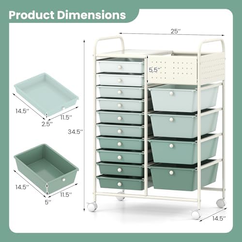 GOFLAME 14-Drawer Rolling Storage Cart with Pegboard, Craft Storage Cart with Lockable Wheels and Metal Frame, Art Cart Supply Storage Organizer for Home Office Classroom, Green Gradient