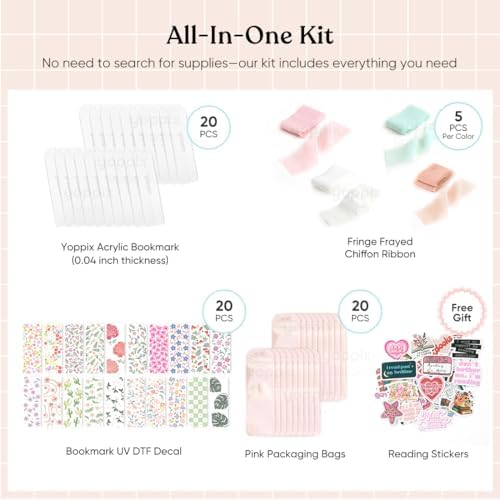YOPPIX 6x2” Acrylic Bookmark Blanks- 20 Set Bookmark Making Kit with 20 UV DTF Stickers About Flower Theme 20 Ribbon 80 Bookish Stickers for DIY Your Crafts Gift for Book Lover