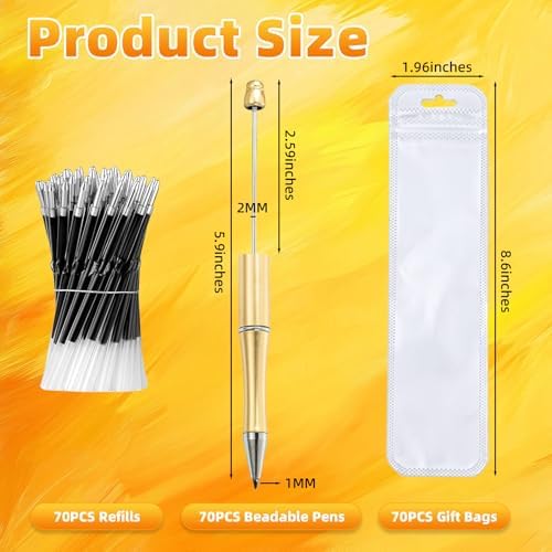 210 Pieces DIY Beadable Pen Bulk Kit – 70PCS Ballpoint Pen with Refills & Bags – Perfect for Beads Pens Supplies, Beaded Pens for DIY Crafting – Office Supplies & Teacher Accessories (Gold)