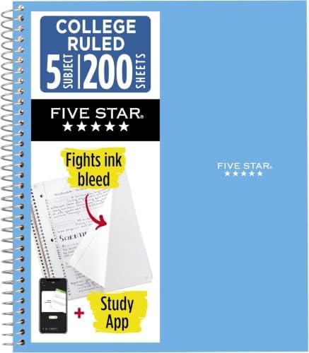 Five Star Spiral Notebook + Study App, 5 Subject, College Ruled Paper, 8-1/2" x 11", 200 Sheets, Fights Ink Bleed, Water Resistant Cover, Pacific Blue (73635) 1 Count (Pack of 6)