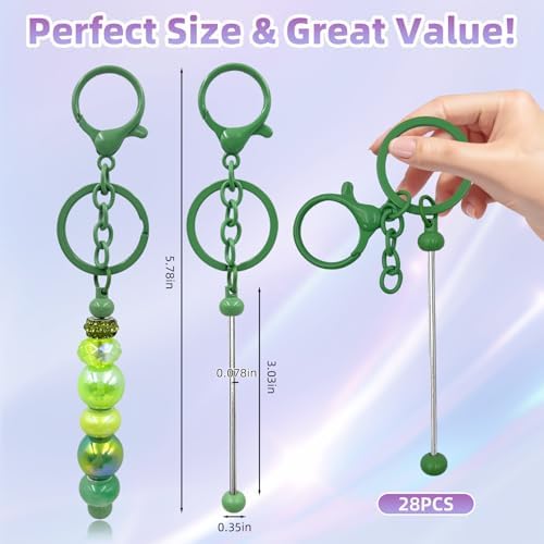 28 Pcs Beadable Keychain Bars - Keychain Making Kit Bulk - Metal Beaded Keychains for Crafting - Diy Key Chain Supplies - Blank Keychains Bars for Beads - Beadable Items (Green)