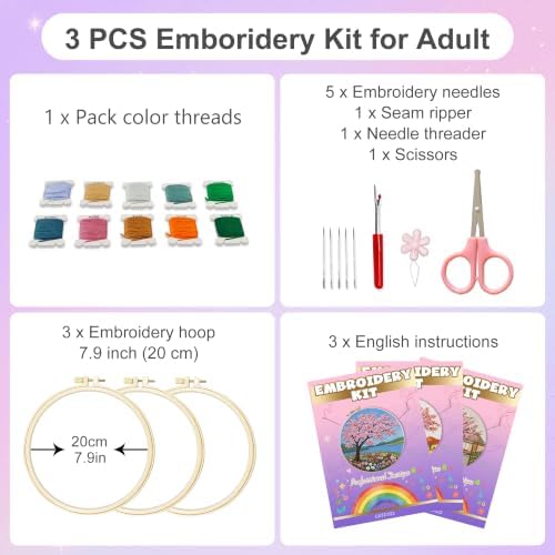 Huacan Embroidery Kit for Adults Beginners with 3 Hoops & Gift Box
