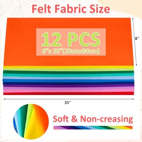 XSEINO 12 Rolls 8"x35" 1.4mm Thick Soft Felt Fabric Sheet 12 Assorted Gradient Series Colors Felt Pack for DIY Craft Sewing Squares Nonwoven Patchwork