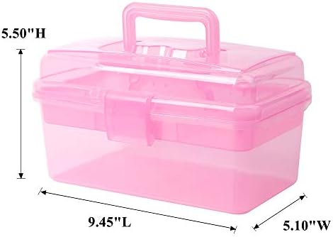 Multipurpose Plastic Storage Container Organizer Box Case with Removable Tray and Handle for Art, Craft, Sewing Supplies, Clear&Pink