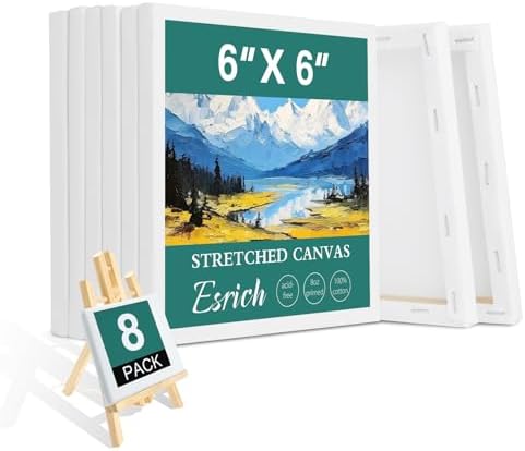 ESRICH Small Stretched Canvas for Painting 6x6 inch, 2/5''Profile Art Primed 8 Pack Canvases for Painting, Cotton Small Professional Blank Paint Canvas for Kids and Art Supplies, for Acrylics, Oils.